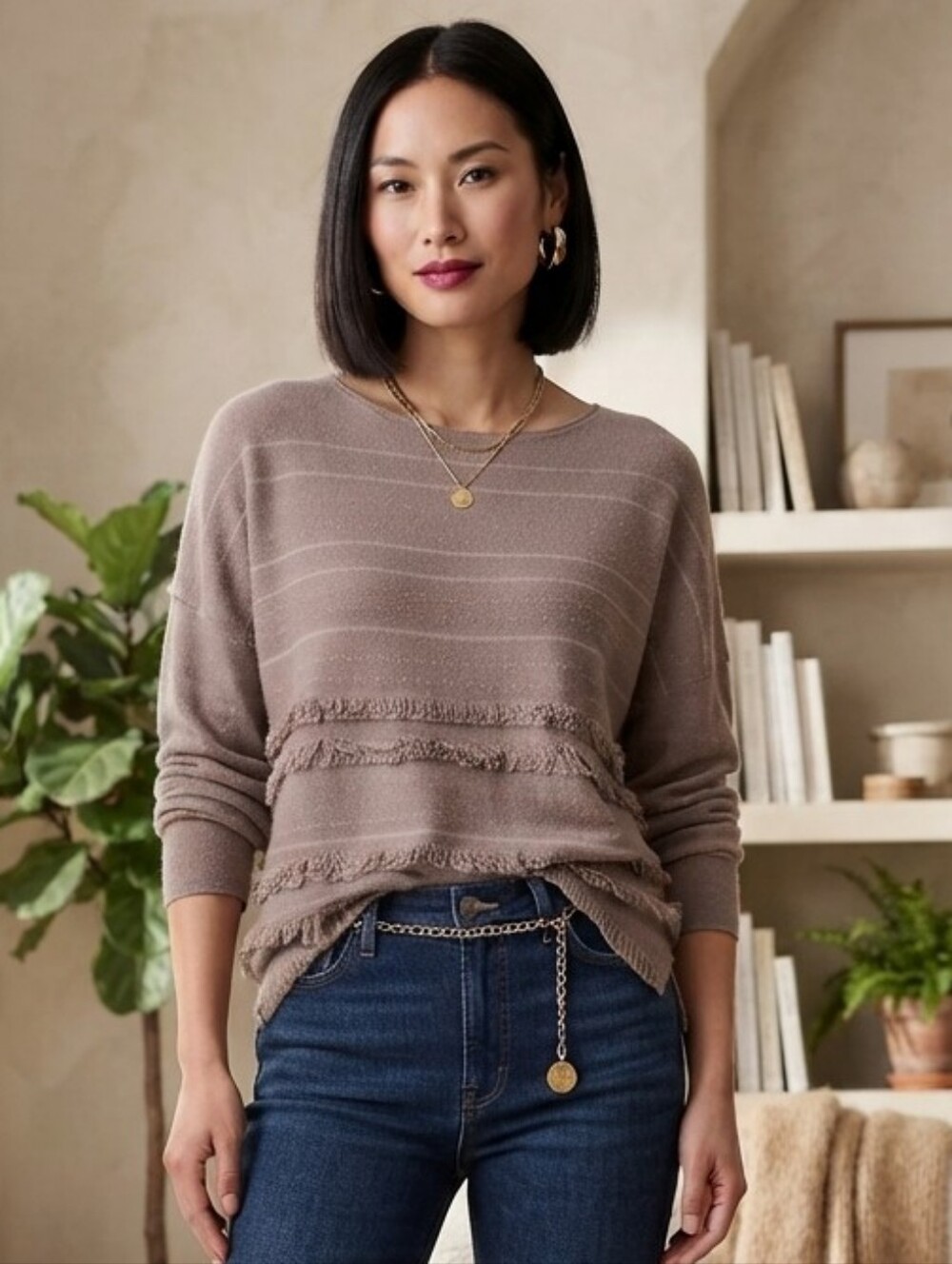 J. Jill Taupe Fringe-Trim Scoopneck Oversized Sweater XL